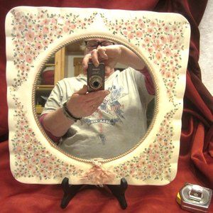 VTG SQUARE CERAMIC FRMNE W/ROUND MIRROR, HAND PAINTED FLORAL